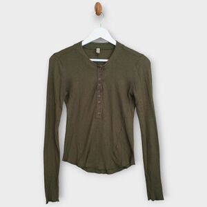 Free People Henley Women Small Green Snap Button Minimalist Lounge Thermal